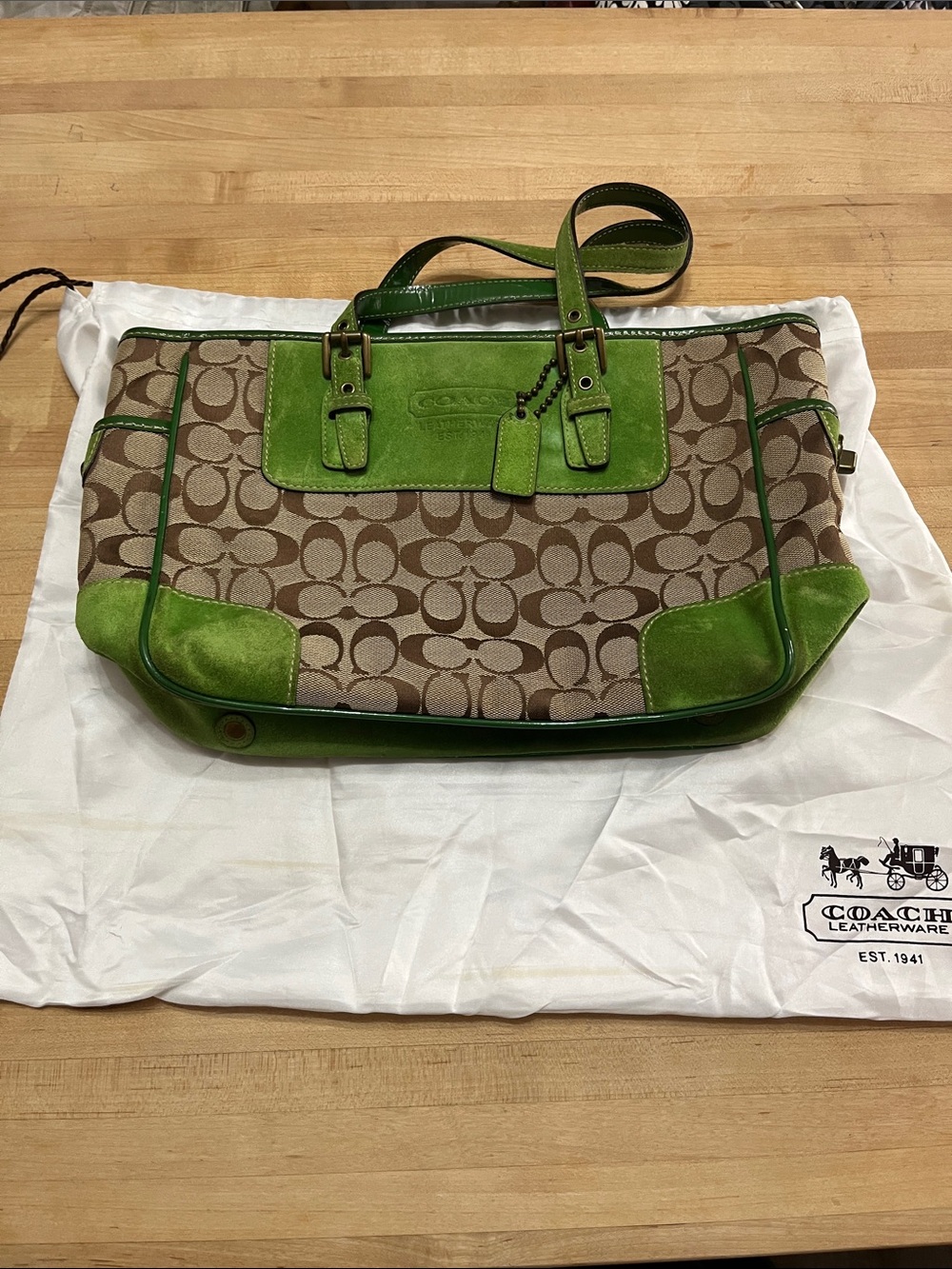 Coach Brown Signature Canvas Tote with Green Suede Trim